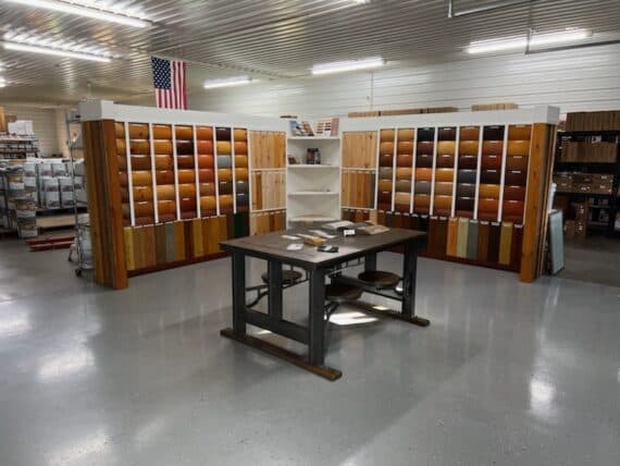 LogFinish showroom with wood finish samples