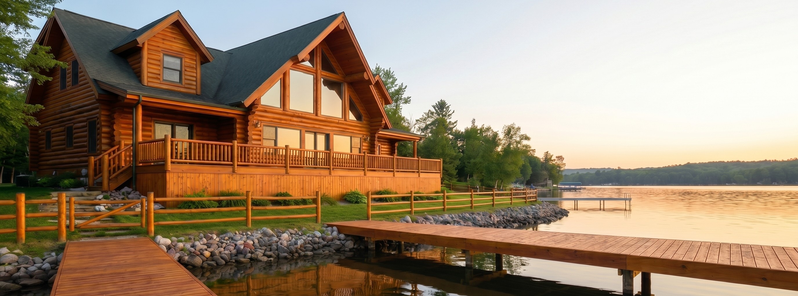 Luxury log cabin on a calm lake at sunset with a wooden dock